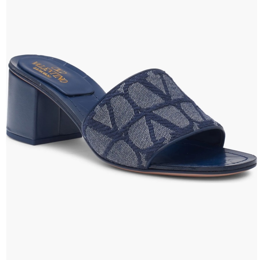 💙Valentino Garavani💙VLOGO Toile Iconographe Denim Slide Sandals